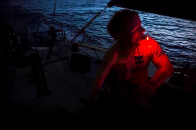 Onboard Abu Dhabi Ocean Racing – Luke Parko Parkinson trims on the MHO in the dim light of dusk as the team races towards Newport - Volvo Ocean Race 2015 © Matt Knighton/Abu Dhabi Ocean Racing